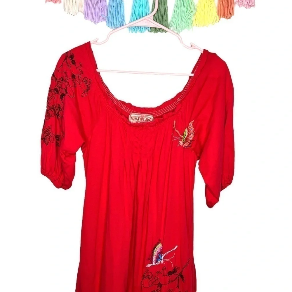JW Los Angeles Johnny Was Red Multi Floral Butterfly Embroidered Dress Small